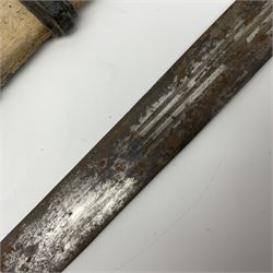 African Mandingo sword, the 75cm triple fullered blade with leather covered grip and brass pommel, in part leather covered scabbard with leaf shaped point L98cm overall