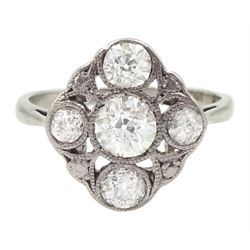 Art Deco 18ct gold and platinum five stone milgrain set old cut diamond openwork ring, stamped 18ct Pt, principal diamond approx 0.40 carat, total diamond weight approx 1.00 carat