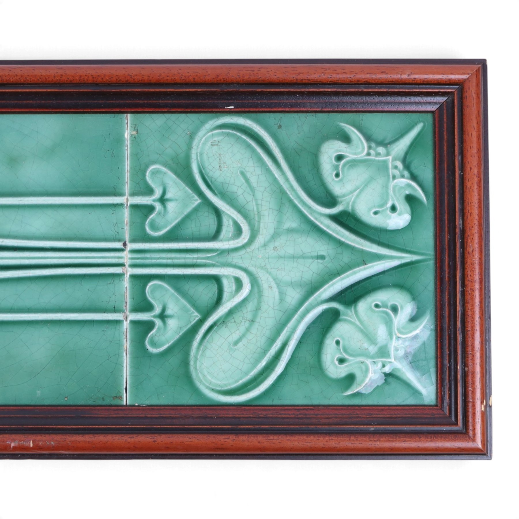 Set of Maw & Co tiles, The Four Seasons: Art Nouveau in style and a similar framed set of five green tiles