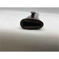 Turkish Model 1874 sword bayonet with 57.5cm curving steel fullered blade and chequered black grip, in steel mounted leather scabbard L75.5cm overall