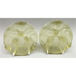  Pair of French Verlys frosted glass circular plaques depicting stylised goldfish, D12.5cm   