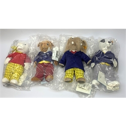 Steiff figures of Rupert Bear H30cm and his three friends Edward Trunk, Bill Badger and Algernon Pug, all in original bags with paperwork, three unopened (4)