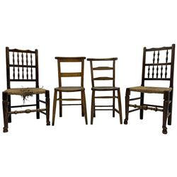 Collection of chairs - five 19th century elm spindle back chairs with rush seats; two chapel chairs (7)