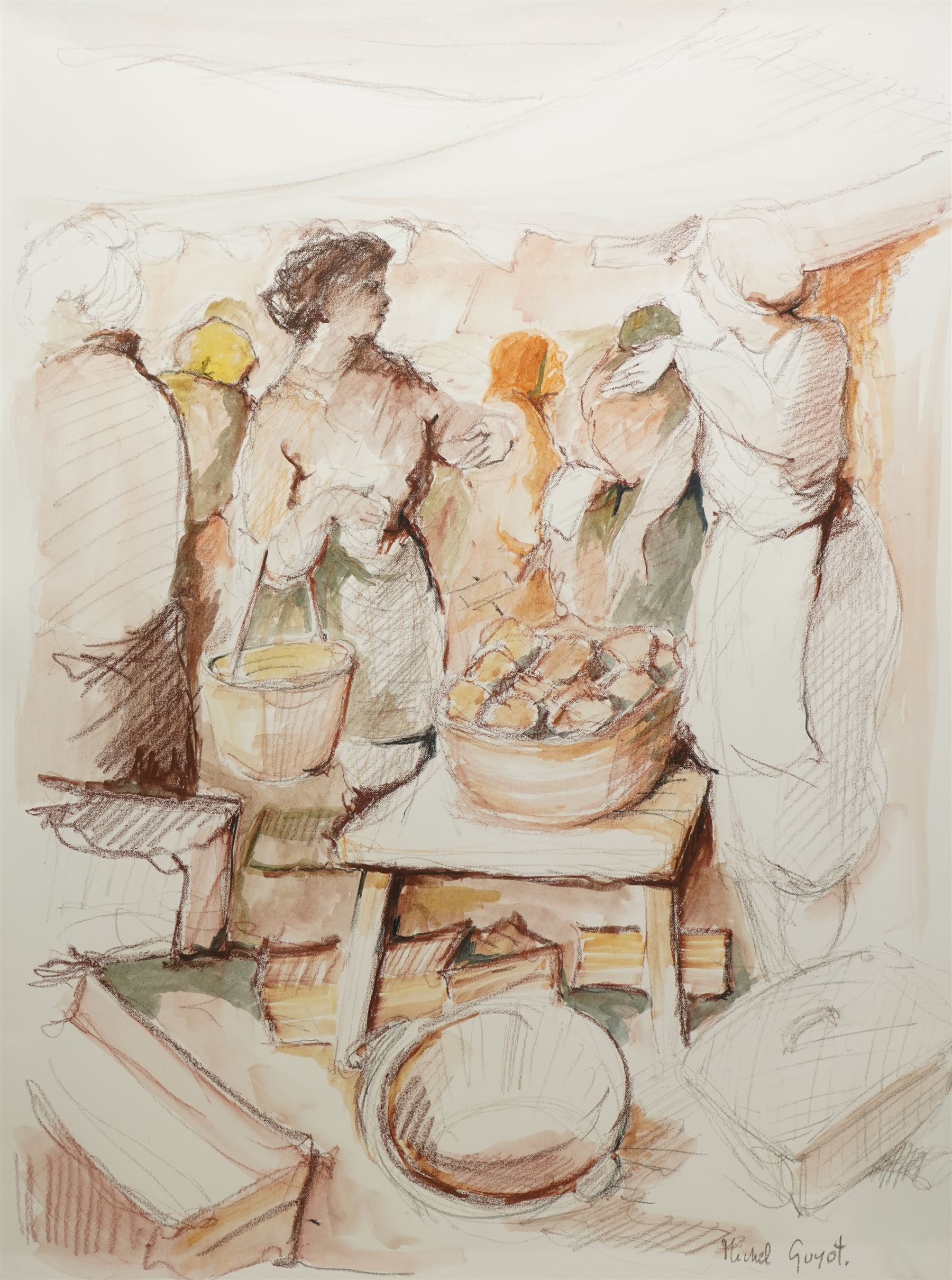 Michel Guyot (French 20th century): Market Scene, watercolour and pastel signed 57cm x 44cm