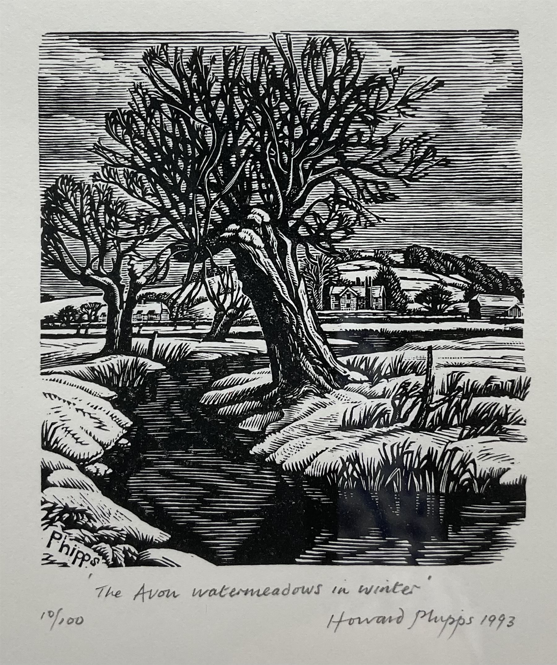 Howard Phipps (British 1954-): 'The Avon Water Meadows in Winter', wood engraving signed titled dated 1993 and dated 10/100 in pencil 7cm x 8cm