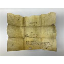 Three 17th/18th century manuscript deeds on vellum relating to properties in Bowling Alley Lane, Hull - one dated 16/12/1689 with seal 44 x 65cm; mortgage dated 20/2/1711 56 x 74cm; and assignment of mortgage dated 5/5/1727 with seal; all folded (3)