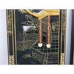 Two 20th century Chinese lacquered wall plaques, decorated in relief with female figures playing instruments beneath a pagoda, within gilt and mother of pearl inlaid borders, H92cm