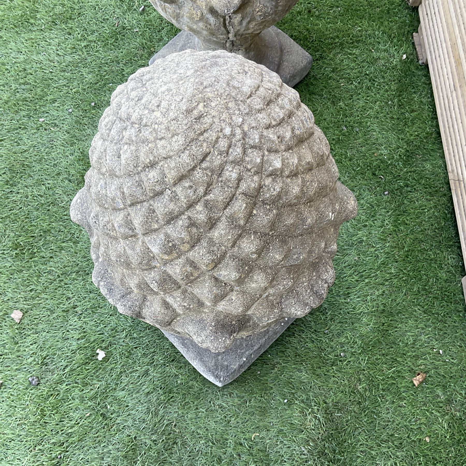 Pair of cast stone garden pineapples, D30, H55 - THIS LOT IS TO BE COLLECTED BY APPOINTMENT FROM DUGGLEBY STORAGE, GREAT HILL, EASTFIELD, SCARBOROUGH, YO11 3TX