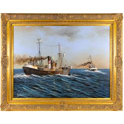 Adrian Thompson (British 1960-): Hull Steam Trawlers Arctic Hunter H218 and St Peter H102, oil on canvas signed 75cm x 100cm