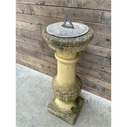 Victorian design cast stone sun dial, circular column with lead NESW plate