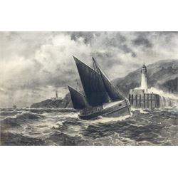 J Robinson (Late 19th century): The Douglas Isle of Man Lifeboat 'Civil Service No.6' rounding the Lighthouse, charcoal/pencil signed 44cm x 68cm