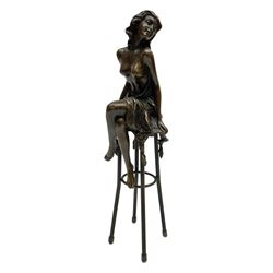 Art Deco style bronze, modelled as a semi naked female figure seated upon a chair. H27cm.

Created in the style of French Artist, Pierre Collinet, who was recognised for his bronze sculptures. This figure echoes the style and tone of Collinet's work and is attractive to behold. It would make for a lovely decorative addition to any home, modern or traditional. 