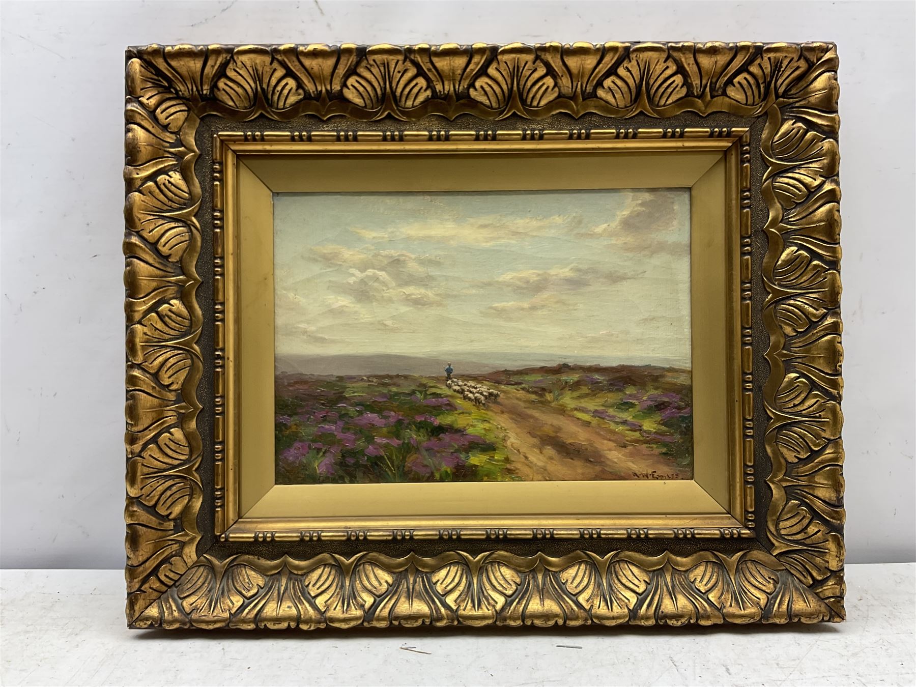 Augustus William Enness (British 1876-1948): Henrietta Street East Cliff Whitby and Driving Sheep on a North Yorks Moorland Track, pair oils on canvas one signed the other signed with initials 24cm x 34cm (2)