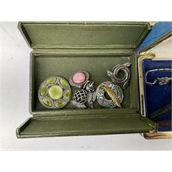 Collection of costume jewellery and wristwatches including two Amelia Carter quartz ladies wristwatches, cross pendant on silver chain, Celtic design brooches etc in a selection of jewellery boxes 