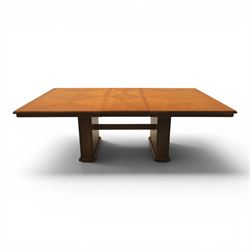 Modern Art Deco design walnut extending dining table, rectangular top with rounded moulded...