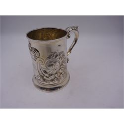 George III silver tankard, of slightly tapering cylindrical from, with chased and repousse crown above a monogrammed cartouche and floral, foliate and C scroll decoration, with acanthus capped C scroll handle, hallmarked WT, possibly William Turton, London 1774, H11.5cm