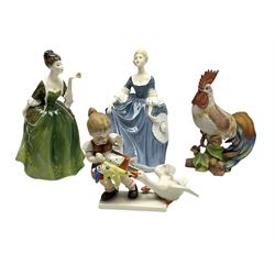 Two Royal Doulton figures, Fleur HN2368 and Hilary HN2335, together with a figure of a girl with a goose and a cockerel on a branch.  