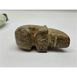 Chinese hardstone carving of a fish amongst coral, with platted rope handle, together with other hardstone and soft stone carvings  