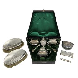 Group of silver, including pair of clothes brushes, hallmarked W J Myatt & Co, Birmingham 1920 & 1923, silver hip flask cup, hallmarked London 1897, silver retractable pencil holder, hallmarked Chester 1910, etc, together with an electroplated four piece cruet set, in velvet and silk lined fitted case, approximate weighable silver 2.8 ozt (86.9 grams)