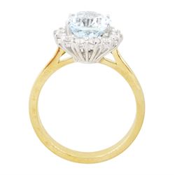 18ct white gold aquamarine and diamond cluster ring, single oval cut aquamarine of approx 2.30 carat, surrounded by fourteen round brilliant cut diamonds, London 2022, total diamond weight approx 0.45 carat