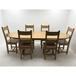 Oak dining table, oval extending top with foldout leaf, on twin turned pedestal base with shaped supports (H80cm, 240cm x 100cm (fully extended)) and set six high back dining chairs (seat width - 48cm)
