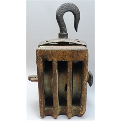  18th century oak ships treble Pulley Block, with brass sheaves, iron strapwork and hook, H34cm  