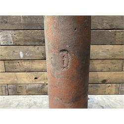 3 cauldron set pots with 2 terracotta chimney pots, 1 terracotta crock, metal bucket and small cast iron shelf 