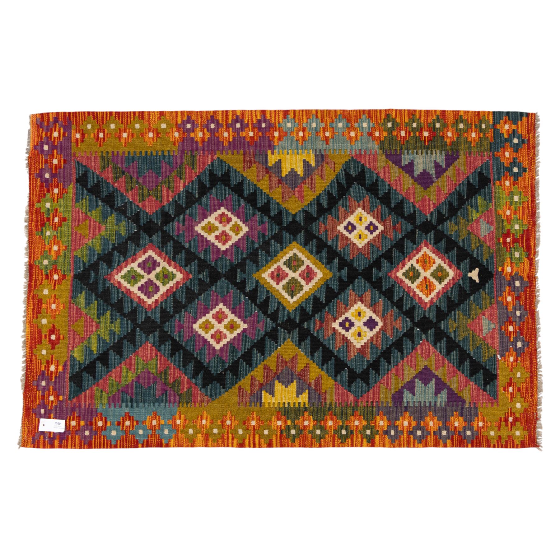 Chobi flatweave kilim runner with a repeating nested diamond medallion design in live green, rust, teal, purple, and ivory, framed by  a multicoloured geometric border