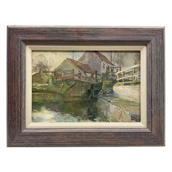 David Jan Curtis (British 1948-): Lock Scene with Figures, oil on board signed 19cm x 29cm