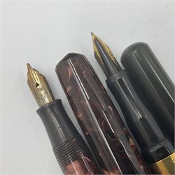 Six fountain pens, five with 14ct gold nibs, comprising R.Esterbrook & Co Relief fountain pen, in original box, two Waterman's Ideal fountain pens, Onoto self-filling fountain pen, the black chevron pattern barrel and cap with gold detailing, Parker Slimfold and one other Parker pen