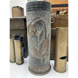 Large collection of shell and bullet casings, including a trench art example, together with a metal cartage case and wooden case
