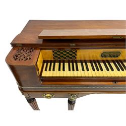 James Rigg, London -early 19th century mahogany and maple square piano c1817, with a 68 key compass (A-C) original hammers, jacks and felt, satinwood interior with ebony and ivory keys, the fretwork interior back inscribed 'James Rigg, 3 Providence Row, Finsbury Square, London', decorated with twist gilt metal edging, fitted with three drawers, on Gillows design turned and reeded supports with brass cups and castors.

This item has been registered for sale under Section 10 of the APHA Ivory Act