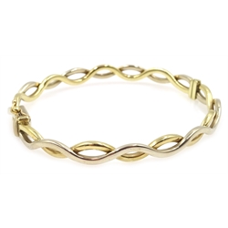  9ct white and yellow gold woven design hinged bangle, stamped 375  