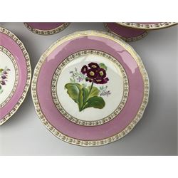 Victorian Copeland, Botanical dessert service, decorated with floral sprigs to the centre with a pink and gilt border, comprising five comports and seven plates, largest comport H20cm, plate D22cm