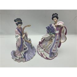 Royal Worcester figure from The Graceful Arts collection, Embroidery, limited edition 1564/2500, together with three Coalport figures Midnight Masquerade, Lillie Langtry, Eugenie, and two Denbury Mint figures, all with printed marks beneath  