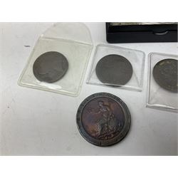 Great British and World coins, including George III cartwheel penny,  King George VI 1951 Festival of Britain crown in maroon box, small number of pre 1920 and pre 1947 silver threepence pieces, pre-decimal pennies , sixpences, shillings, two shillings etc, Swiss francs and other coinage