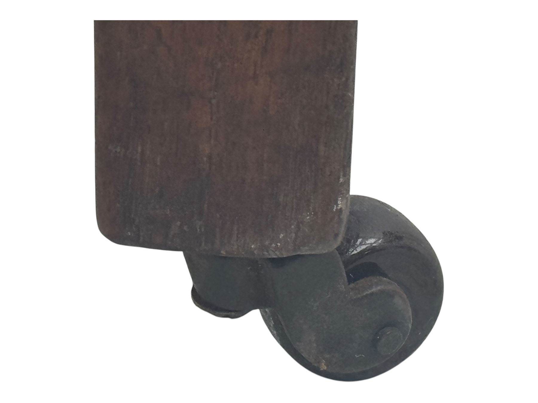 Georgian design mahogany drop-leaf table, rectangular top above a single drawer with brass handle, square supports united by arched undertier, on brass castors (W62cm, D65cm, H72cm); and a smaller mahogany drop-leaf table with single drawer on turned supports (W43cm, D61cm, H72cm)