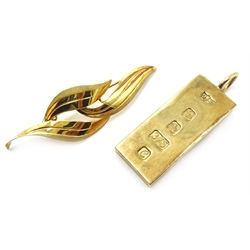  9ct gold ingot pendant hallmarked 30gm and a 9ct gold leaf brooch hallmarked 2gm  
