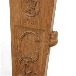 Beaverman - Oak hall chair with commemorative carved back panel  dated '29th July, 1981' for Prince Charles and Princess Diana royal wedding, with carved Yorkshire rose and the Prince of Wales feathers, on turned supports, with carved beaver signature, by Colin Almack of Sutton near Thirsk