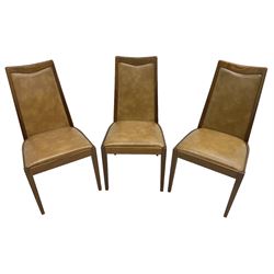 G-Plan - set of six mid-20th century teak 'Fresco' dining chairs, high back and seat upholstered in tan faux leather, on square tapering supports
