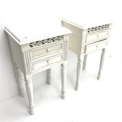 Pair French style bedside chests, white painted finish, two drawers, turned tapering supports, W40cm, H71cm, D32cm