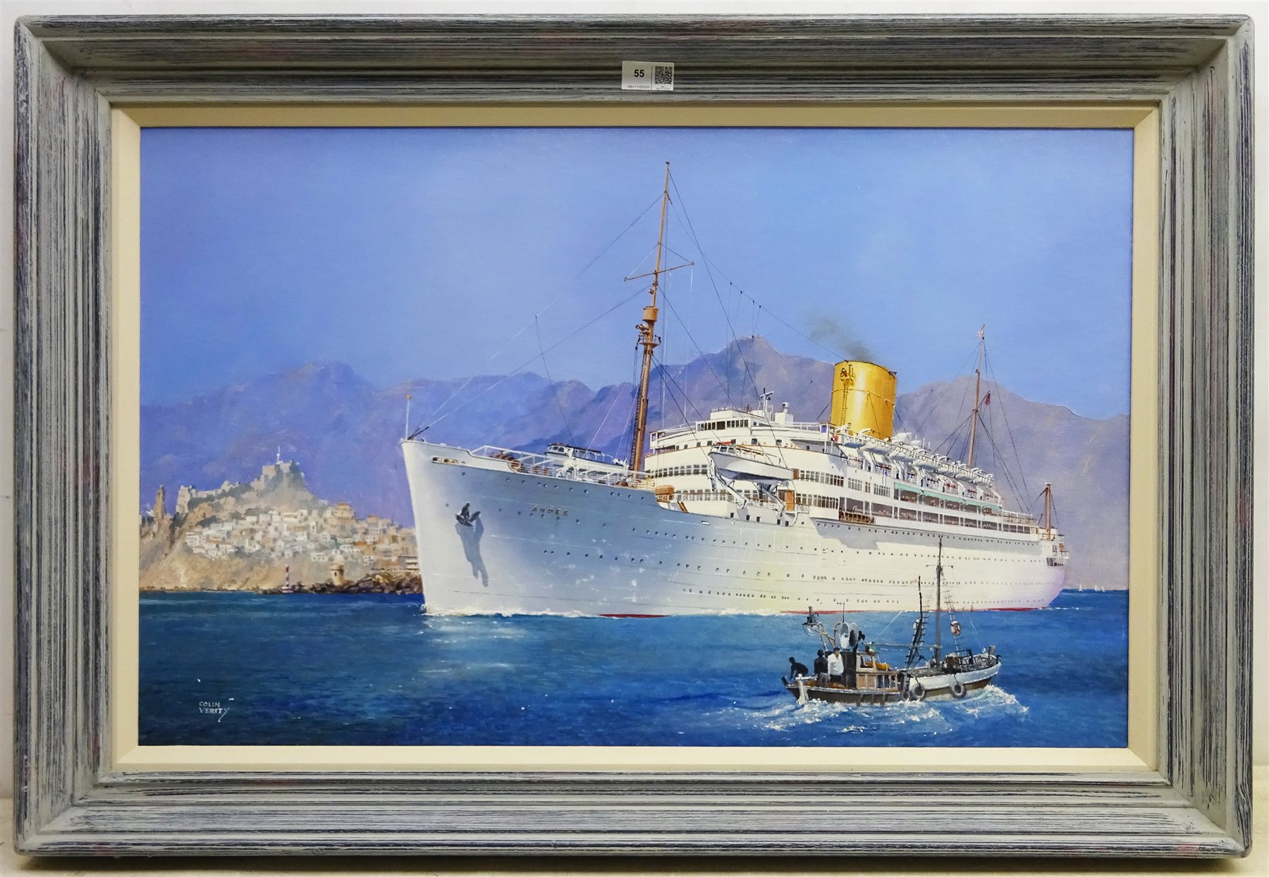  Colin Verity (British 1924-2011): 'Royal Mail Lines SS Andes Cruising in the Mediterranean', oil on board signed, titled verso on exhibition label 48cm x 75cm  Provenance: exh. Royal Society of Marine Artists, The Mall Galleries 1998, label verso  

