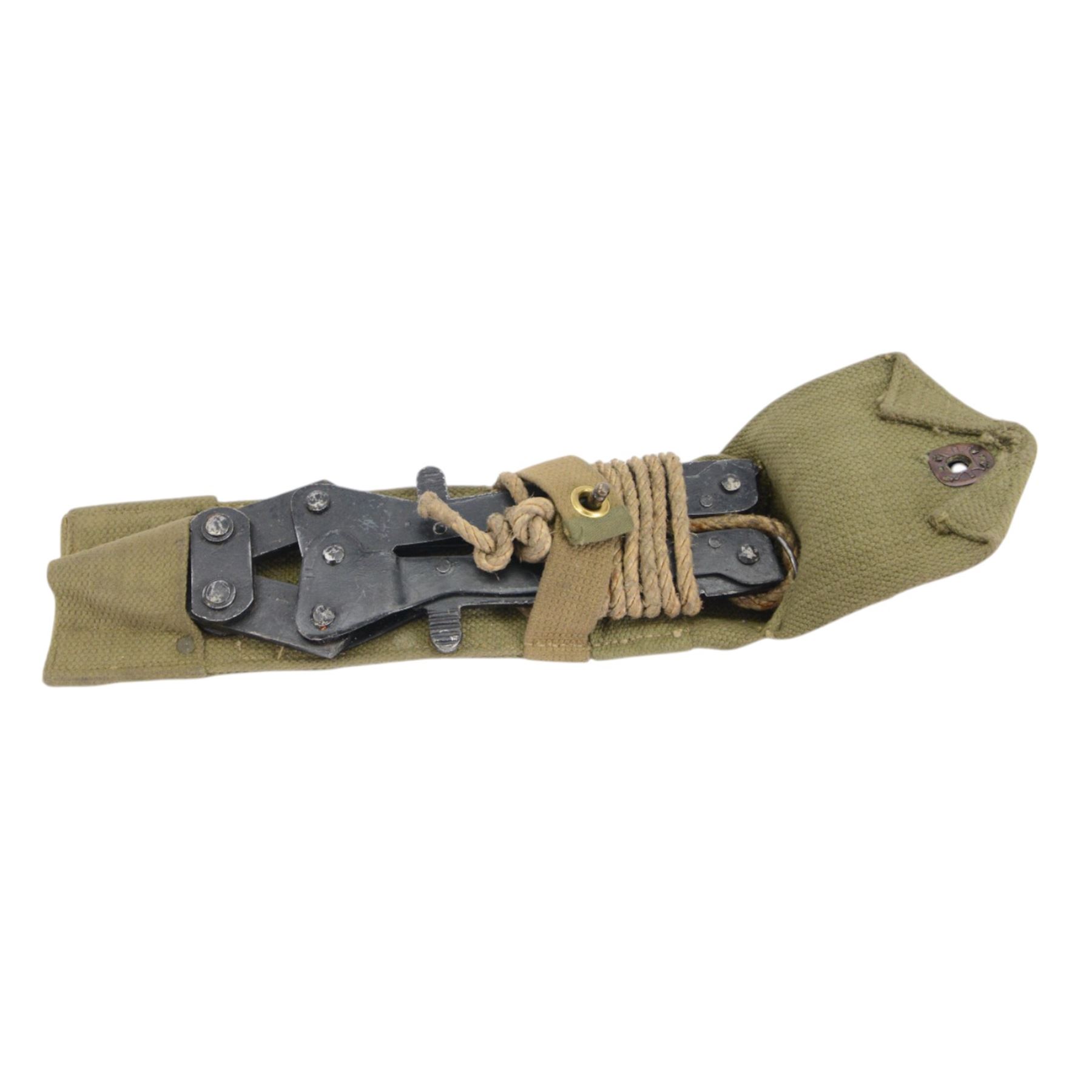 WWII British army entrenching tool in webbing case maker stamped 1943 with board arrow, together with cased pointer staff and a pair of wire cutters in webbing case 