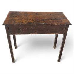 George III mahogany side table, the rectangular moulded top above a single frieze drawer fitted with brass swan neck handles, above a shaped serpentine apron raised upon square section legs, W86 D42 H75cm, together with a George III fretwork mirror, the rectangular plate within a gilt slip surmounted by a pierced crest with inset carved Ho-Ho bird, with shaped apron with gilt shell motif, H84cm W45cm