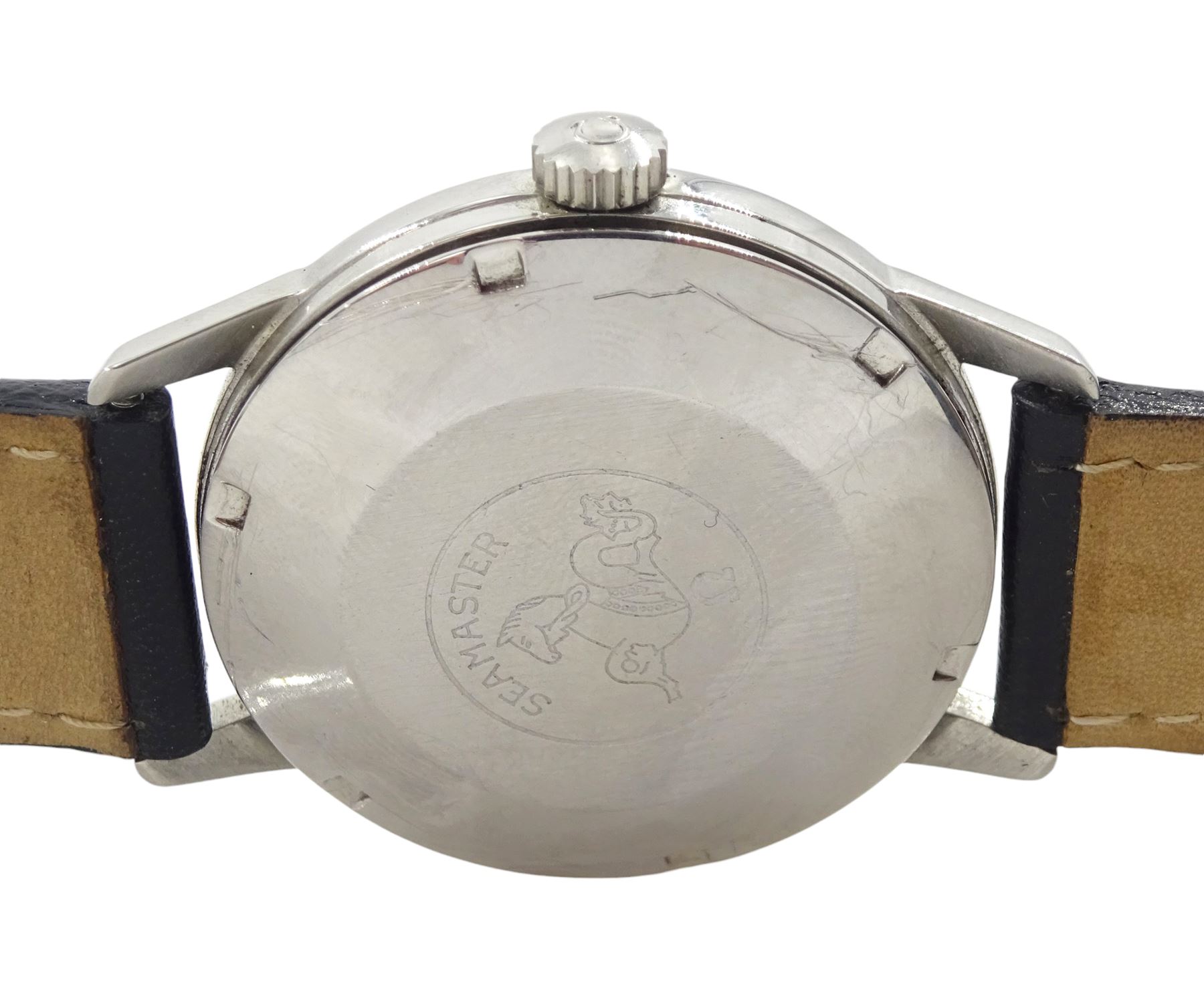 Omega Seamaster 30 gentleman's stainless steel manual wind wristwatch, Ref. 135.007-64, Cal. 286, blue dial with Arabic numerals, on black leather strap