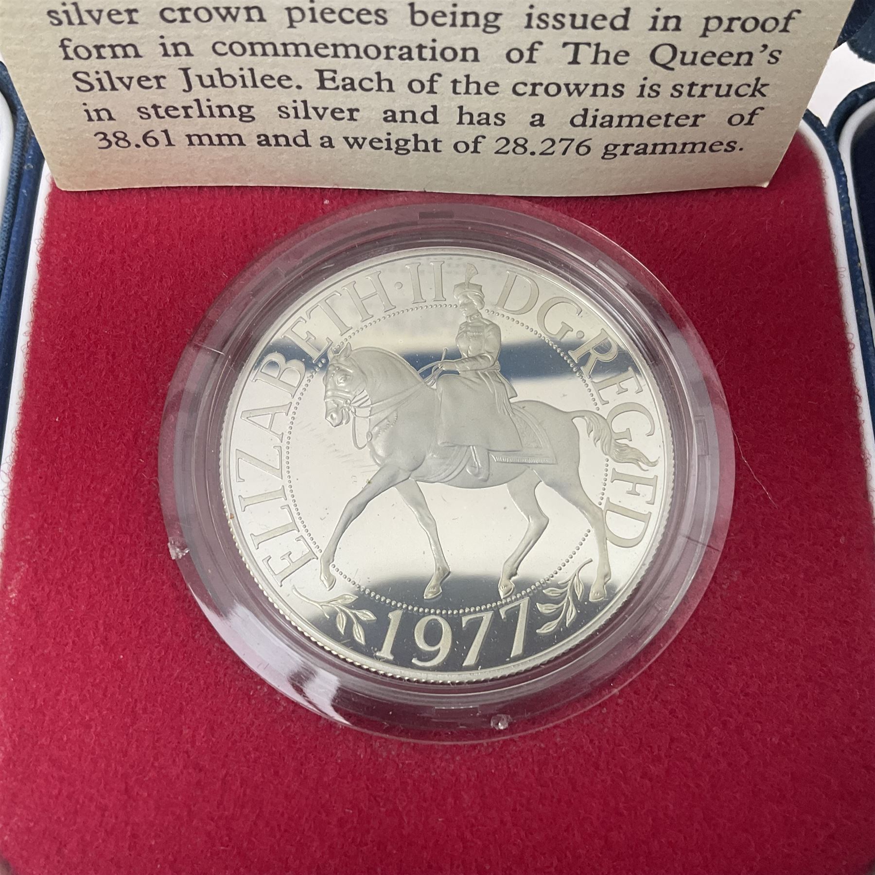 Six Queen Elizabeth II United Kingdom silver crown coins, comprising two 1972 'Silver Wedding', two 1977 'Silver Jubilee' and two 1981 'Commemorating The Marriage of His Royal Highness The Prince of Wales and Lady Diana Spencer', all cased with certificates 