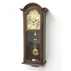  German wall clock, arched case with brass dial, three train movement chiming on rods, H82cm, W33cm  