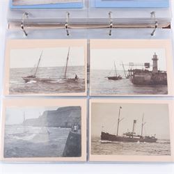 Two-hundred and thirty eight early 19th century to 20th century Whitby view postcards, including twenty-four early 19th century court cards, seventeen views of Whitby Abbey, forty depicting the fishing fleet and harbour, with a selection of cards providing a detailed study of the early 'Yards' the fisherman's dwellings around the harbour, all housed within a Stanley Gibbons Picture Postcard Album