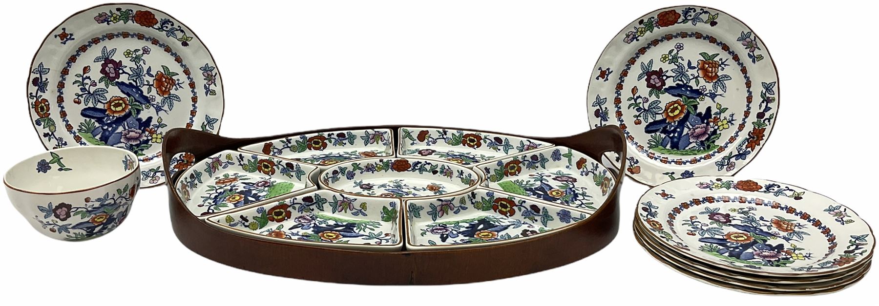 Booths Hors d'Oeuvres or supper set decorated in the Pompadour pattern, comprising seven dishes upon wooden tray L42.5cm, together with a bowl, D11.5cm, and six side plates, D19cm. 