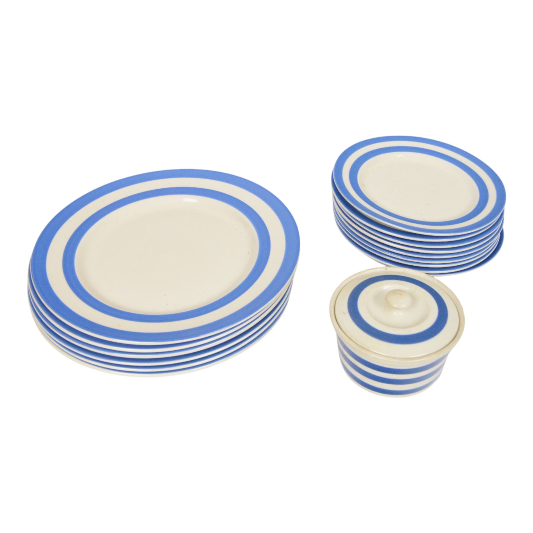 TG Green T.G. Green Cloverleaf blue and white striped pattern Cornishware, six dinner plates and nine side plates, together with a similar covered sucrier 